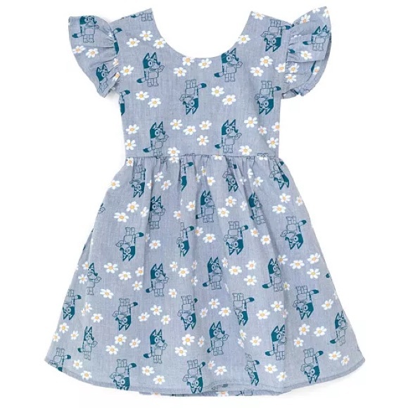 BLUEY chambray floral skater dress with winged ruffle sleeves, open back bow 7-8 - Picture 1 of 6